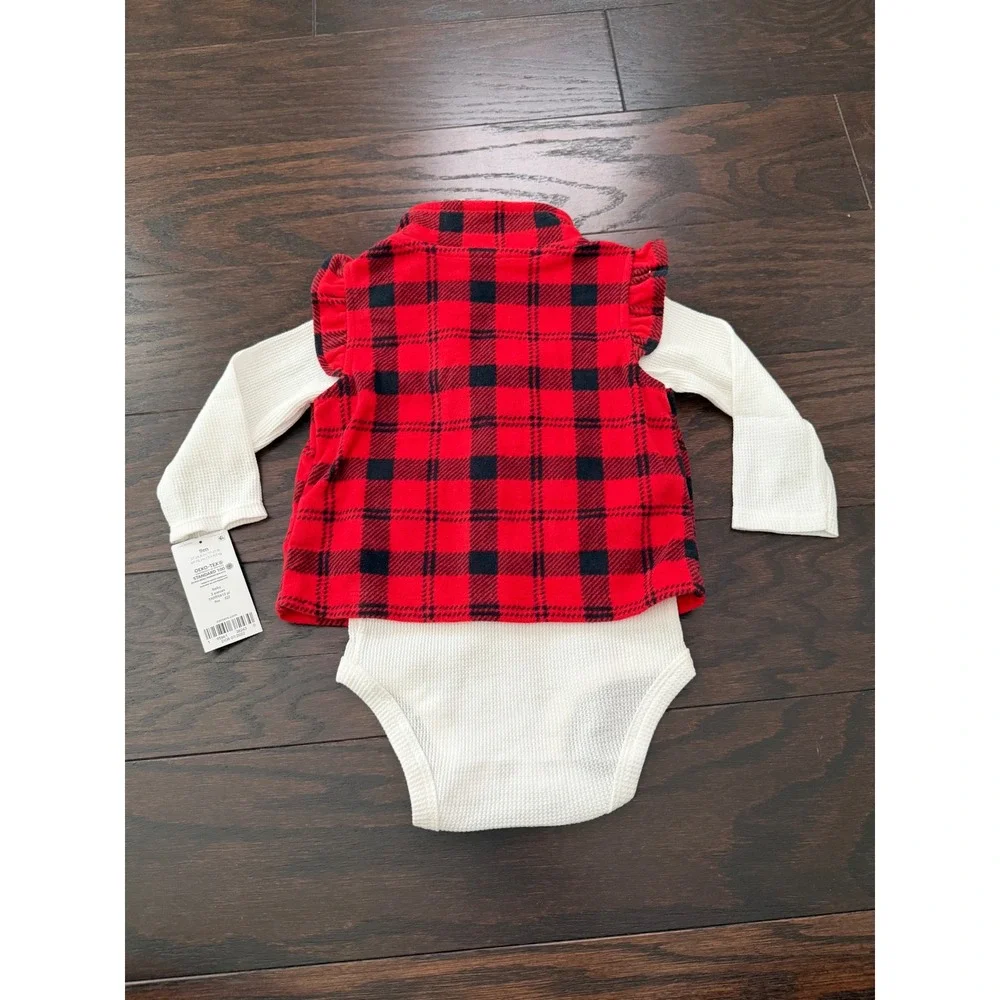 Carters Baby 9M 3Piece Buffalo Plaid Fleece Vest Bodysuit Leggings Set Red Black